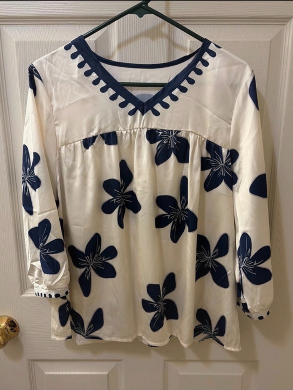 SHEIN Cream Blouse with Navy Floral Print